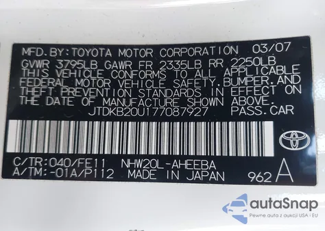 2007 Toyota Prius из США, поврежденный, VIN JTDKB20U177087927